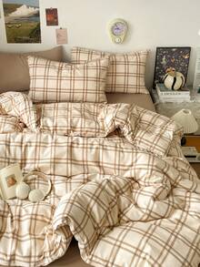 4件套经典简约日式格纹被套床品套装，柔软舒适，可拆卸双层纤维被芯（1个被套+1个床单+2个枕套，不含被芯和枕芯），男女通用，卧室装饰，节日礼物，单人/双人尺寸，枕套图案随机。 - 淺咖 - 查看 3