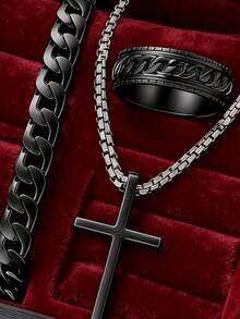 4pcs/Set Casual Business Men's Quartz Watch Set, Including 1pc Men's Quartz Watch And All-Black Accessory Set (Metal Band Roman Numeral Chronograph Watch, Chain Bracelet, Cross Necklace, Textured Ring) - Black - View 4