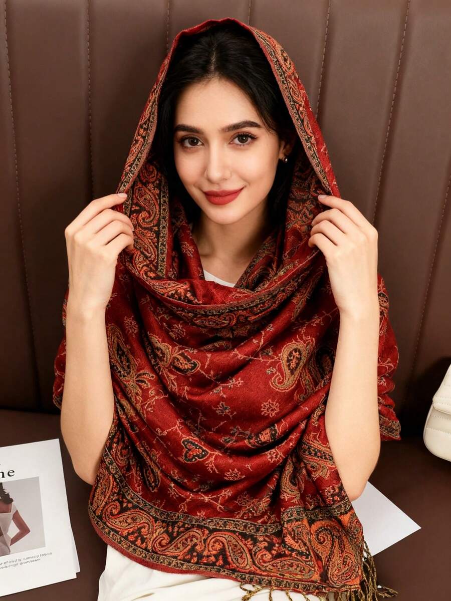 1pc Women's Elegant Cashew Pattern Fashion Warm Printed Scarf, Classic Paisley Hijab And Shawl Hijab For Abaya - Angola Red - View 1