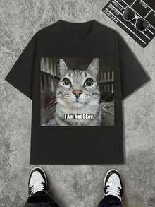 I'm Not Good At Funny Cat Fan Men's And Women's Shirts,Black, White, Khaki, Navy Blue, Four Colors To Choose From, Comfortable Fit, Men's T-Shirt, Casual Minimalist Pattern Printed Short Sleeved Round Neck T-Shirt - 黑色 - 查看 1