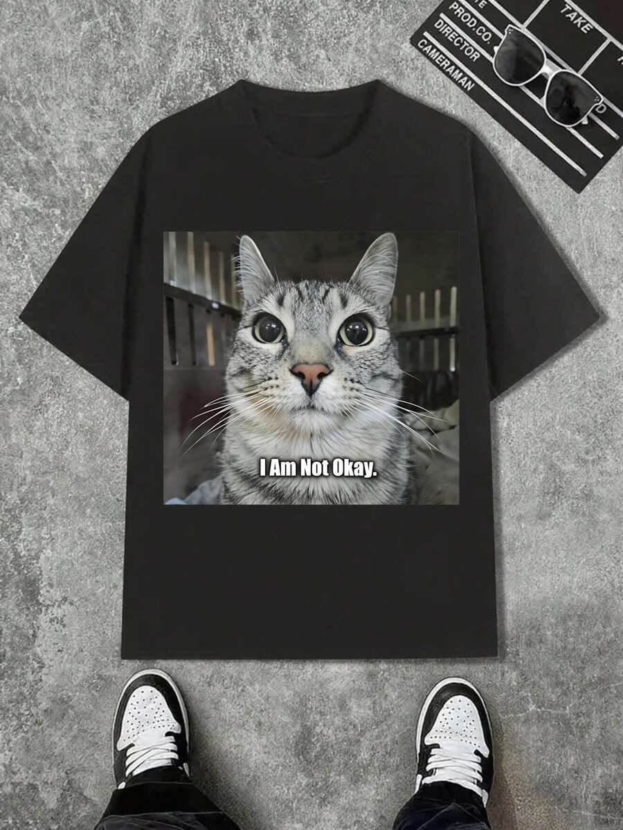 I'm Not Good At Funny Cat Fan Men's And Women's Shirts,Black, White, Khaki, Navy Blue, Four Colors To Choose From, Comfortable Fit, Men's T-Shirt, Casual Minimalist Pattern Printed Short Sleeved Round Neck T-Shirt - 黑色 - 查看 1