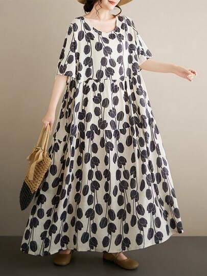 Falda larga de verano bohemia de ocio para mujer 2026, falda de pastel de talla grande, vestido largo plisado de línea A de talla grande para mujer, cuello redondo de manga corta, vestido de tela tejida estampada de verano, falda larga de playa regular con bolsillo, se ajusta