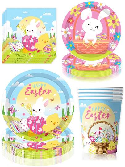 10pcs Easter Themed Party Supplies Set, Including Plates, Cups, Napkins With Rabbit And Easter Egg Patterns, Essential For Easter, Suitable For Outdoor Camping And Travel