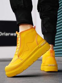 男士高帮皮质摩托车靴，2026新款厚底防滑舒适皮靴，高帮圆头系带设计，PU皮革，厨师鞋，户外运动，纯色复古休闲运动鞋 - 黃色 - 查看 5