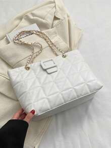 1pc Quilted Snap Closure PU Solid Color Handbag, New Vintage Soft Bag, Fashion Patchwork Underarm Bag, Relaxed Vibe, Large Capacity, Commute, Casual, Office, Work, Business, Date, Shopping, Suitable For Girlfriend, Best Friend, Women's Daily Use - White - View 3