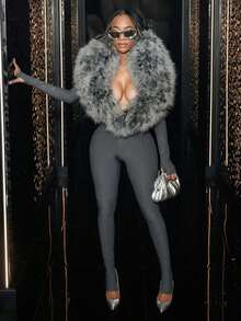 Mujer Jumpsuit  De La Moda Hot Girl Nuevo Estilo Manga Larga Peludo Footset Dedo Ajustado Jumpsuit - Gris - Ver 2