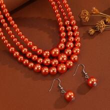 夸张多层手工串珠仿珍珠波西米亚风中东西部牛仔复古派对休闲项链耳环 - 橘色 - 查看 4