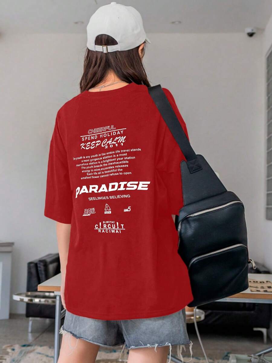 Women's Oversized Printed T-Shirt - Cheerful Paradise Phrase - Loose, Casual, Stylish, Modern, And Cool Blouse - 紅色 - 查看 1