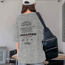 Women's Oversized Printed T-Shirt - Cheerful Paradise Phrase - Loose, Casual, Stylish, Modern, And Cool Blouse - 灰色 - 查看 11