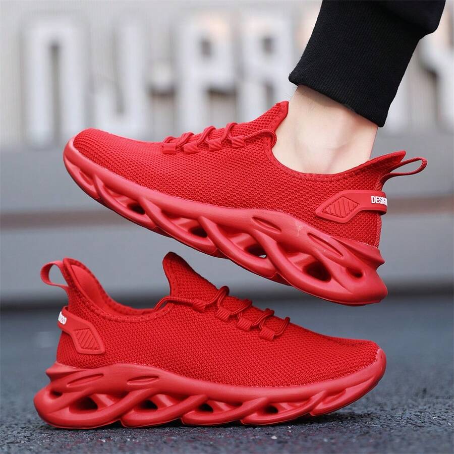 Herren gestrickte Mesh atmungsaktive Sneaker, mehrere leuchtende Farboptionen - bequeme & modische unisex Sportschuhe, leicht & einfach zu tragen, ideal für den täglichen Street-Style und Neujahrsfeiern - Rot - Übersicht 1