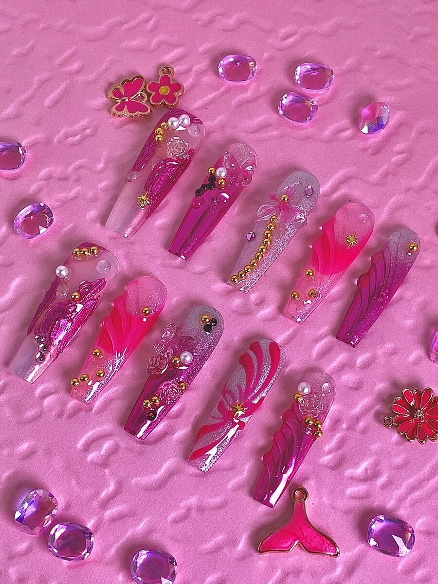 10 Móng Tay Giả Thủ Công Màu Hồng Dành Cho Nữ, Chất Liệu Acrylic, Vẽ Tay, Họa Tiết Chuyển Màu, Phụ Kiện Móng Tay Phong Cách Y2K Lấp Lánh, Có Thể Tái Sử Dụng, Kèm Keo Dán Móng, Sơn Móng Gel, Hình Dán Móng, Phụ Kiện Làm Móng, Móng Giả Acrylic, Dụng Cụ Làm Móng Nghệ Thuật Dành Cho Nữ Và Bé Gái