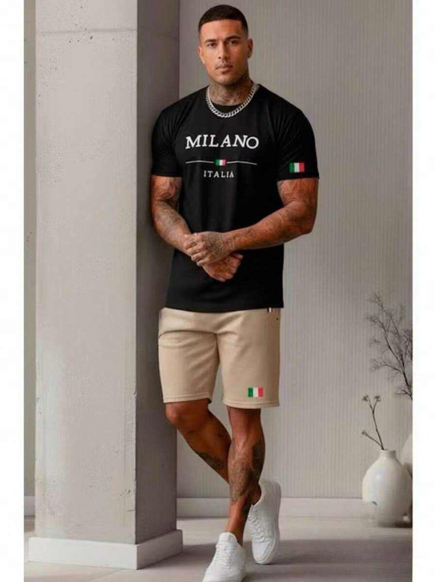 T-Shirt Set Italia Milano Gold 100% Cotton Sweat Shorts With Pocket Men's Casual Gym Workout - 黑色/米色短褲 - 查看 1