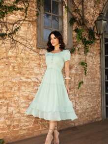 Elegant Boho Chiffon Midi Dress With Elastic Waist, Ruffled Hem, Pleated, Layered, Modest Fashion, Wedding, Summer - Green - View 4