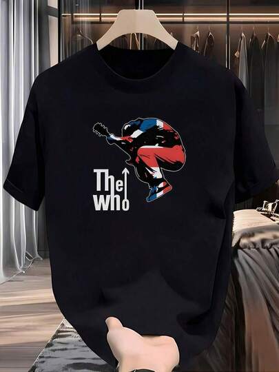 Men's Black Graphic T-Shirt - Rock Band Design, Casual Crew Neck, Short Sleeves, Lightweight Polyester, Summer Essential For Music Fans, Perfect Gift For Men, Band T-Shirt