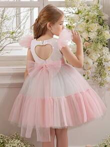 Young Girl Cap Sleeve Heart Decor Party Dress, Tulle Colorblock Princess Dress Fit For Birthday Party, Banquet, Prom, Wedding Flower Girl, Holiday Celebration - 淺粉色 - 查看 3