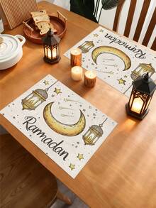 1pc Ramadan Crescent Moon Pattern Table Runner, Ramadan Home Decor Table Runner, Islamic Home Decor, 1pc Table Runner, 4pcs Placemats, 1pc Cushion Cover, 3 Products Available, Home Decor Indoor/Outdoor Party Supplies, Room Decoration. Suitable For Ramadan Home Kitchen Decor And Ramadan Event Party Decoration - Multicolor - View 6