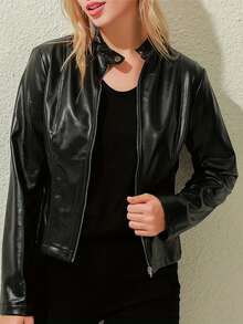 Chaqueta PU Para Mujer,Chaqueta PU Con Cremallera,Chaquetas ligeras para mujer,Chamarra Para Mujer - Negro puro - Ver 6