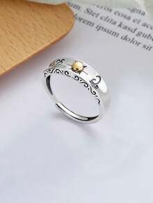 1pc Retro Golden Sunburst Totem Open Ring, Suitable For Men Or Women Daily Wear, Copper Material, Non-Fading And Hypoallergenic - Silver - View 4