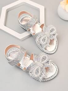 女童公主凉鞋，2025新款夏季银色水钻蝴蝶结露趾魔术贴软底 - 銀色 - 查看 2
