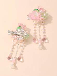 2pcs Women Floral Faux Pearl Tassel Hair Clips, Elegant Decoration For Daily, Festival, Party, Wedding, Hair Slide, Hair Barrettes, Hair Accessories For Women, Head Accessories, Spring, Flower Hair Clips, Hairpin - Multicolor - View 3
