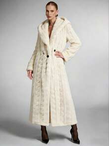 Beige Faux Fur Cable Knit Long Coat, A Fashion - Forward & Warm Hot Outfit Crafted With Premium Fuzzy Material, Boasting A Flowy Longline Silhouette And Classic Cable Knit Pattern, Ideal For Adding Elegant Winter Style By Pairing With Sweaters Or Blouses In  Define Jacket  Sports Jacket  Ski Clothes Women  Zip Up Jackets  Fitted Jacket  Winter Coat For Women  Abrigos De Invierno Para Mujer  Women's Winter Clothing Of Women's Winter Clothing Women's Winter Fashion Women's Winter Promotion Of Women's Winter Clothing Christmas  Ugly Christmas Sweater Women Curve - trắng - Xem 3