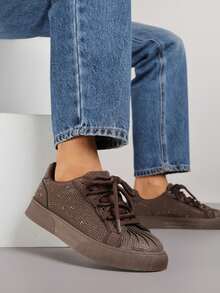 Giày thể thao mũi dập nổi trang trí bằng đá Zirconia - màu nâu - Xem 2