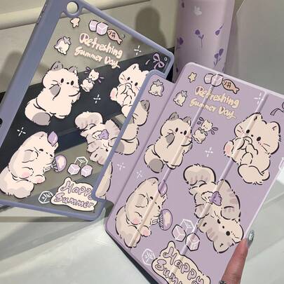 Ốp lưng hai mặt bằng acrylic trong suốt hình mèo hoạt hình dễ thương, có nơ và chữ cái, chống sốc, phù hợp với iPad thế hệ thứ 7, 8, 10 (10.2 inch), có khe cắm bút cảm ứng, hỗ trợ chức năng bật/tắt màn hình, là món quà Giáng sinh và năm mới lý tưởng.