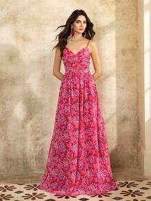 Faeriesty 优雅吊带长裙：精致印花雪纺长裙，飘逸垂坠，可调节肩带，侧开衩设计——完美适用于婚礼宾客、新娘写真、花园婚礼、浪漫之旅、正式场合及春季派对。 - 玫紅色 - 查看 3