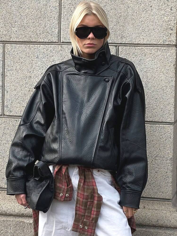 Damen Schwarze PU Lederjacke, Langarm Reißverschluss Bomberjacke, Herbst/Winter Oberbekleidung, Straßen-Stil - Dunkelgrau - Übersicht 5