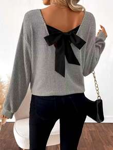 Woman Back Bow Detail Ribbed Knit Sweater – Casual Chic Fall/Winter Top - Grey - View 2