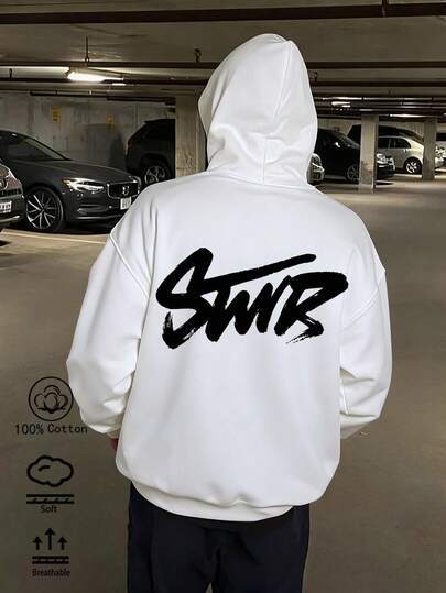 100% Felpa con cappuccio in cotone bianco da uomo con stampa a mano bianca "SWR". Con taglio morbido a spalle cadenti e vestibilità ampia, questo capo versatile da sportswear è ideale per la primavera e l'autunno. Una morbida e traspirante maglietta a maniche lunghe da uomo.