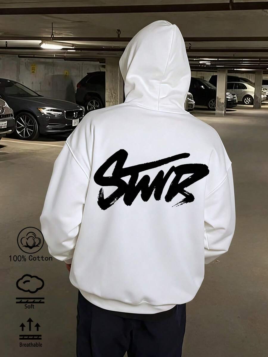 这款男士白色连帽卫衣采用100%纯棉面料，饰有白色“SWR”手写印花图案。宽松的落肩剪裁和版型，使其成为春秋季节的理想之选。这是一款柔软透气的男士长袖上衣。 - 白色4 - 查看 1