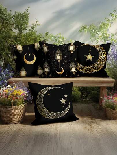 4 st Ramadan dekorativa örngott, enkelsidigt tryckt örngott, Ramadan-tema svart och guld lykta, stjärn- och månemönster örngott, storlek 17,7 x 17,7 cm, heminredning örngott, lämplig för vardagsrumssoffa och sovrum, kuddilägg ingår ej.