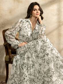 Faeriesty Elegant Shirt Collar Printed Mid-Length Dress: Layered Ruffle Hem Puff Sleeve Dress, Front Button Closure, Adjustable Waist Tie, Lightweight And Flowing Fabric - Perfect For Garden Weddings, Boho Bride Photoshoots, Romantic Getaways, Outdoor Celebrations, And Destination Vacations. Party - White - View 9