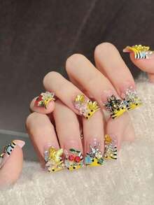 10Pcs Pink Yellow Fake Nails With Bees Butterflies Flower Rhinestone Design For Party Wedding Nail Supplies - Multicolor - View 2