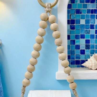 1/2 chiếc giá đựng giấy vệ sinh treo tường, giá treo khăn tắm, giá đựng đồ dùng nhà tắm sáng tạo không cần khoan, giá treo khăn tắm bằng hạt gỗ đan thủ công, giá đựng giấy vệ sinh kiểu cổ điển (thích hợp cho căn hộ cho thuê), đồ trang trí nhà cửa