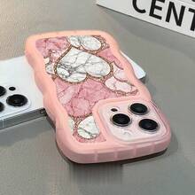 1pc Fashionable Wavy Irregular Protective Phone Case With Heart & Marble Pattern, Compatible With IPhone 17 Air/17 Pro/17 Pro Max/17/16e/16/15/14/13/12/11/X/XR/8/7, Galaxy A14/A15/A54/S24/S24 Ultra Series - Pink - View 4