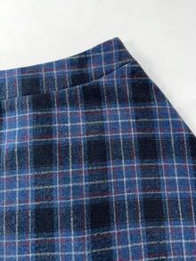 EARO 时尚女士格子长裙，高腰褶裥 A 字羊毛混纺休闲通勤长裙 - 藍色 - 查看 5