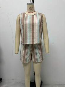 Conjunto de top de tirantes de cuello redondo a rayas y pantalones cortos para mujer, ropa casual de estar en casa/oficina para el verano - Multicolor - Ver 6