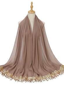 1 pieza Hiyab musulmán de lujo con lentejuelas doradas, flecos y parches de encaje, de talla larga para vestido abaya - Multicolor - Ver 8