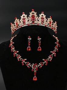 4pcs Elegant Rhinestone Rhenish Stone Queen Crown Necklace Set, Bridal Wedding Headpiece, Party Baroque Jewelry