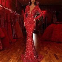 2026 New Sequin Style Business Casual Solid-Colored Midriff-Length Red Feather Hostess Banquet  Dress Evening Gown For Ladies Party And Dinner Event - Đỏ - Xem 3