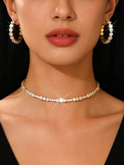 水晶水钻项链+耳环套装 - 百搭首饰，全镶钻，适合日常佩戴和情人节