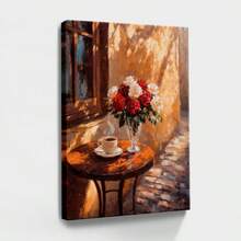 1pc Valentine Wall Art, Token Of Love, A Pink Framed Wall Art, Wrapped Canvas Poster Vintage Prints, Red And White Roses, Wooden Table, Cup Of Coffee, Birthday Party Decor, Decorative Wall Art for Living Room Bedroom Office, Hanging Hardware Included - Wrapped Framed Canvas, Vertical - Lienzo enmarcado - Ver 3