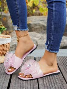 New Women's Pink Bowknot Rhinestone Decor Comfortable Soft Versatile Flat Sandals, Spring/Summer - Baby Pink - View 7
