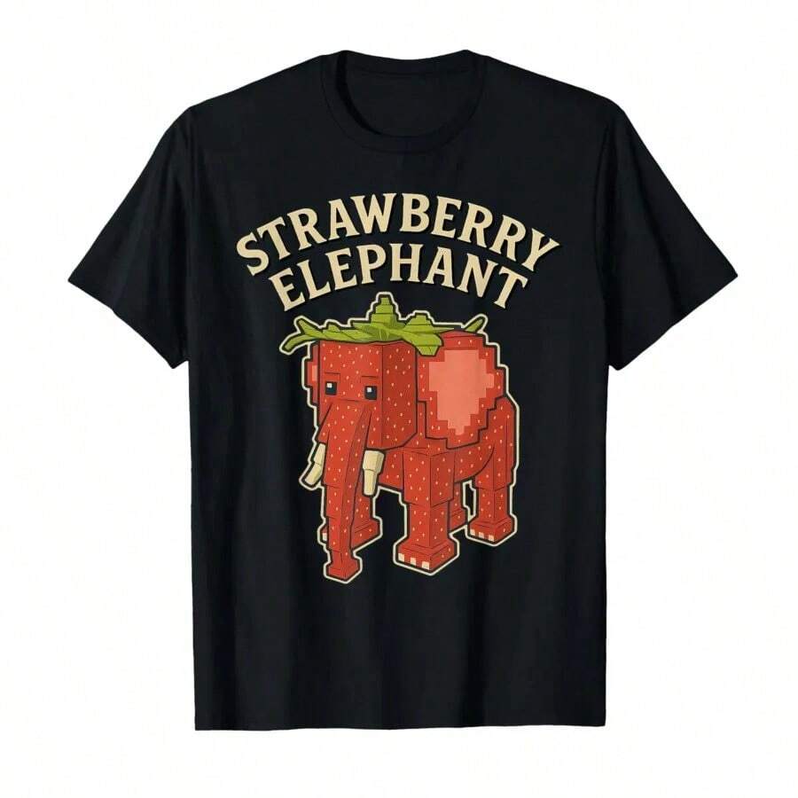 Camiseta de meme de juego divertido de elefante fresa Brainrot, camisetas de mujer de manga corta, tops populares - Negro - Ver 1