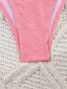 wohenmeili 女士纯色挂脖系带性感比基尼泳衣套装，含罩衫和裙子，夏季海滩装 - 粉色 - 查看 7