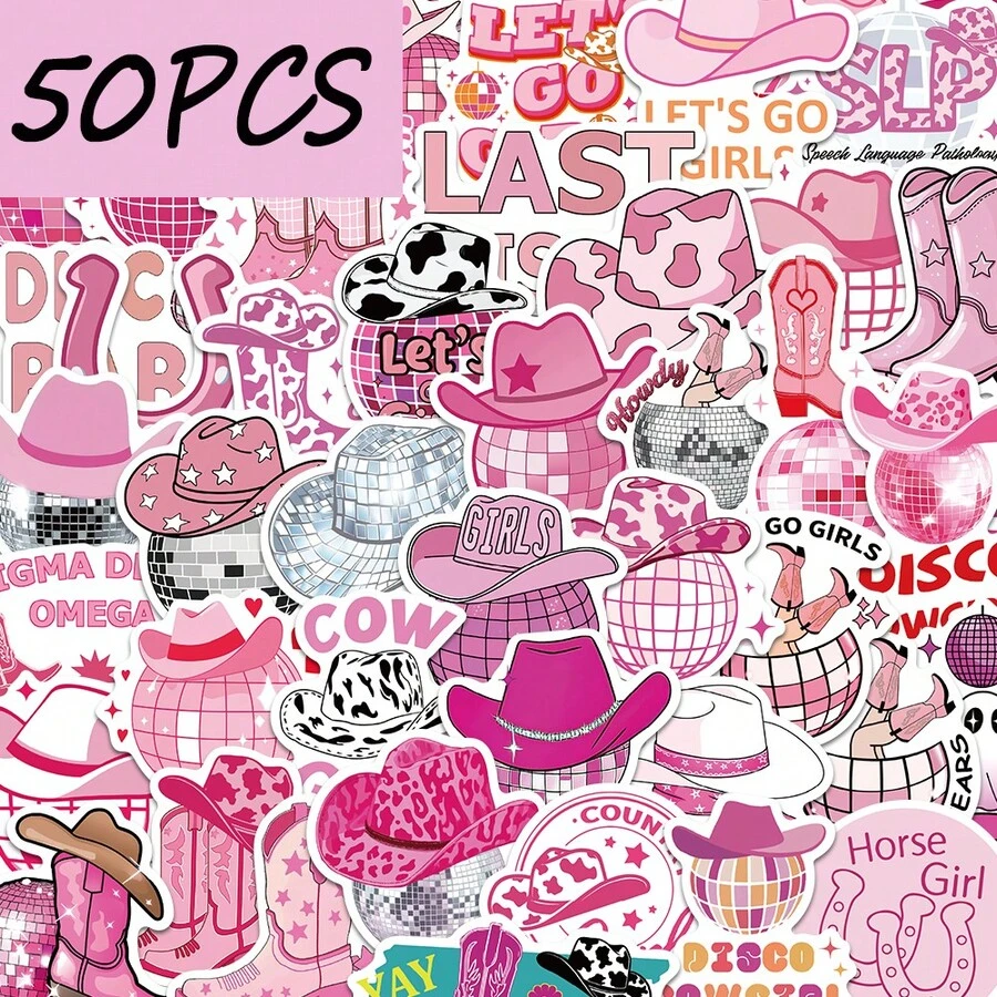 50pcs Pink Disco-Style Cowgirl Element Fashion Stickers, Decorate Suitcases, Water Cups, Helmets, Waterproof Stickers - Multicolor - View 1
