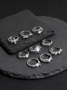 9pcs Silver Rhinestone Star Adjustable Rings Set, Personalized Metal Lava Texture Versatile - Silver - View 5