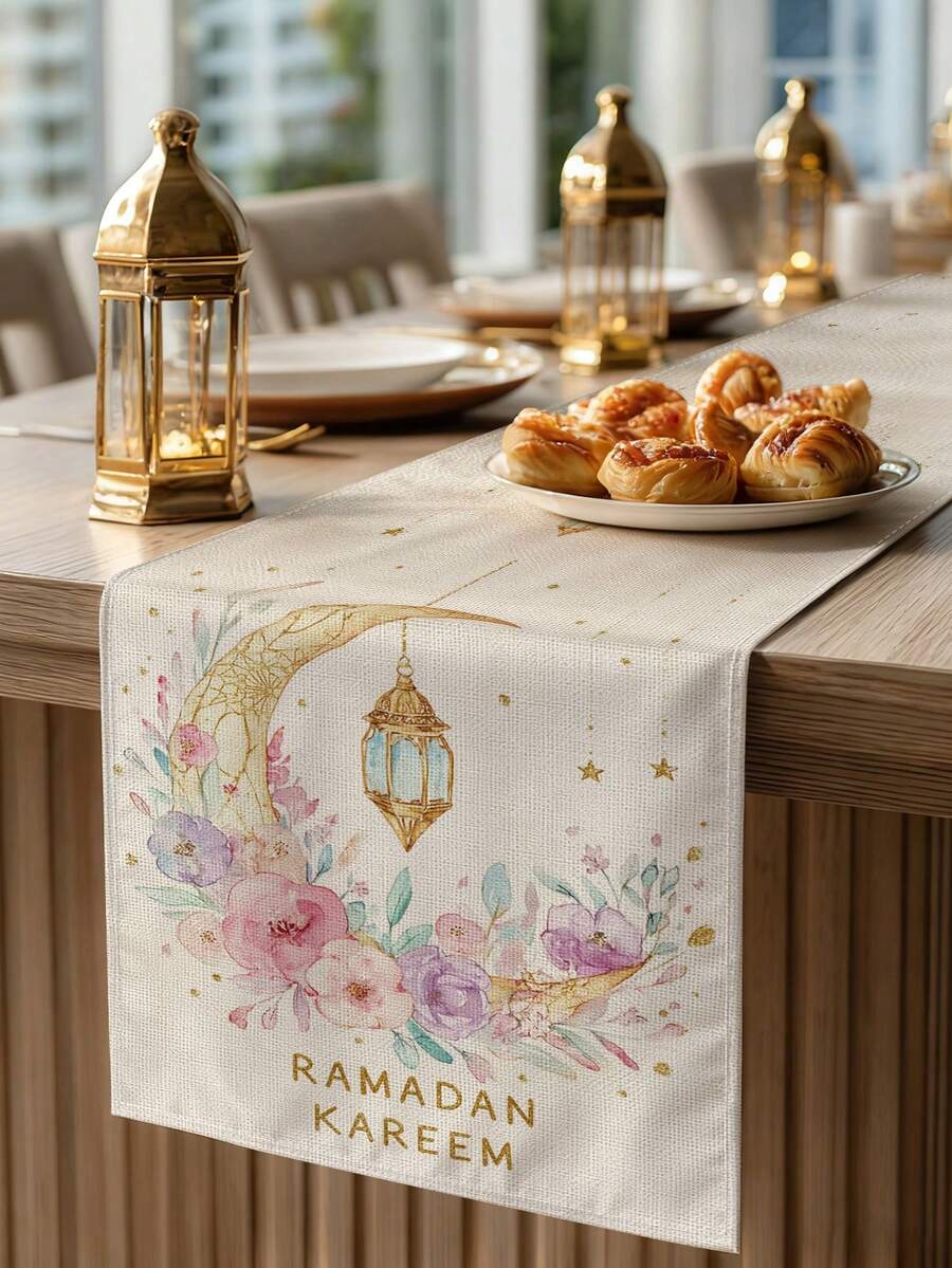 Bieżnik na stół z wzorem półksiężyca w Ramadanie, Bieżnik do dekoracji domu w Ramadanie, Islamski wystrój domu, Bieżnik na stół, 4 podkładki, Poszewka na poduszkę, Dostępne 3 produkty, Akcesoria do dekoracji wnętrz i imprez na zewnątrz, Dekoracja pokoju. Nadaje się do dekoracji domu, kuchni i imprez Ramadan. - Wielokolorowe - Zobacz 1